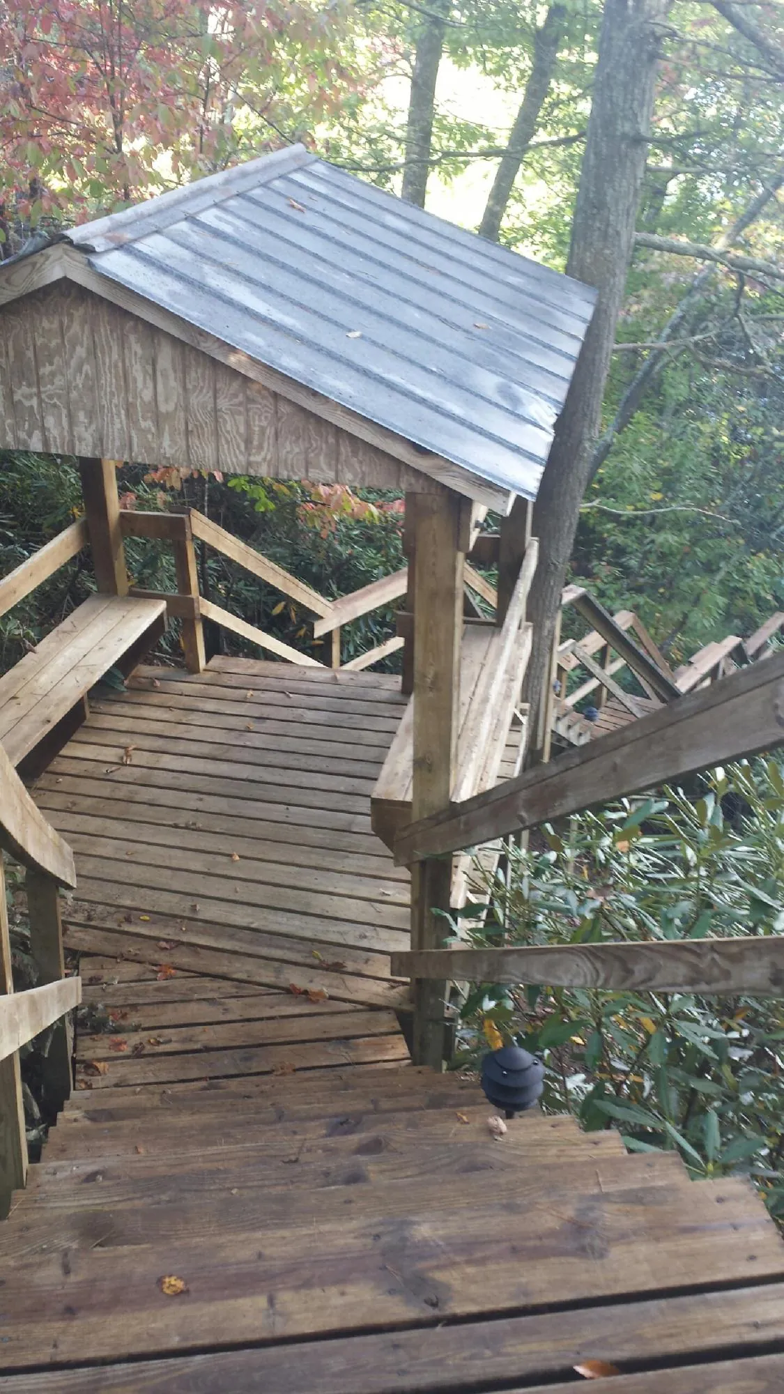 Metal roofed shelter over wooden steps on a wooded walkway — Skylight Repair & Installation work by our crew in Sproul